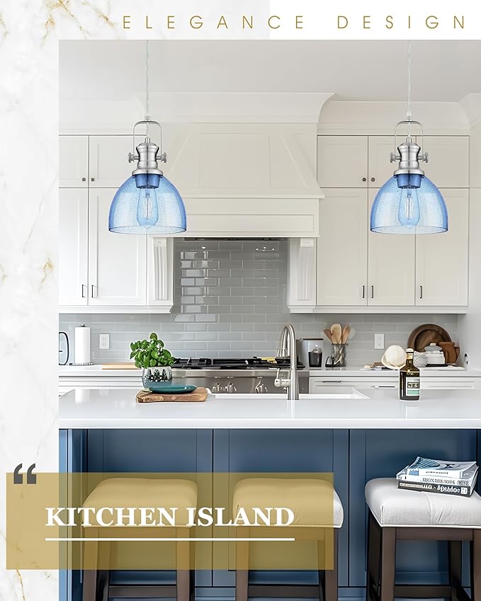 Pendant Lights Kitchen Island, 7.5" Farmhouse Pendant Lighting with Blue Seeded Glass Shade, Vintage Hanging Light Fixtures for Dining Room, Brushed Nickel Finish, AD-22151-1P-SN-BL