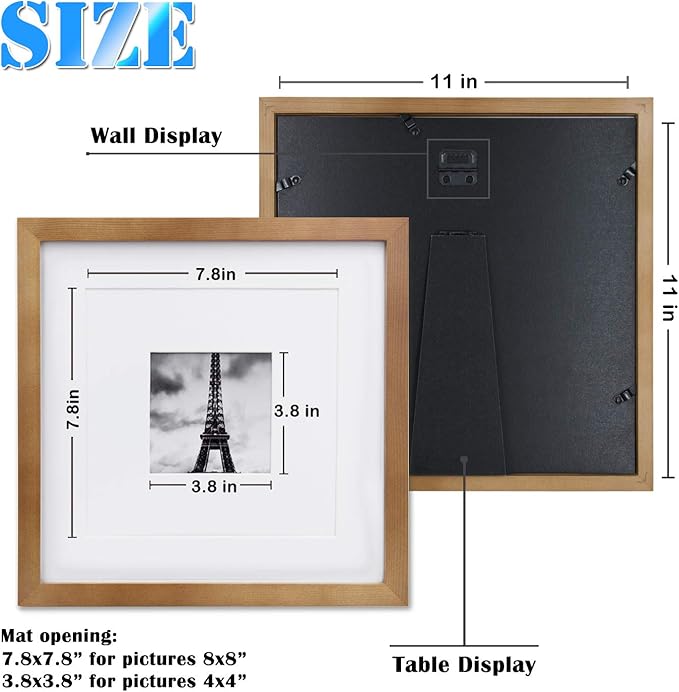 Egofine 11x11 Picture Frames 4 Pack Covered by Plexiglass, Display Pictures 8x8 with Mat or 11x11 Without Mat Made of Solid Wood for Table Top Display and Wall Mounting Photo Frame, Light Brown