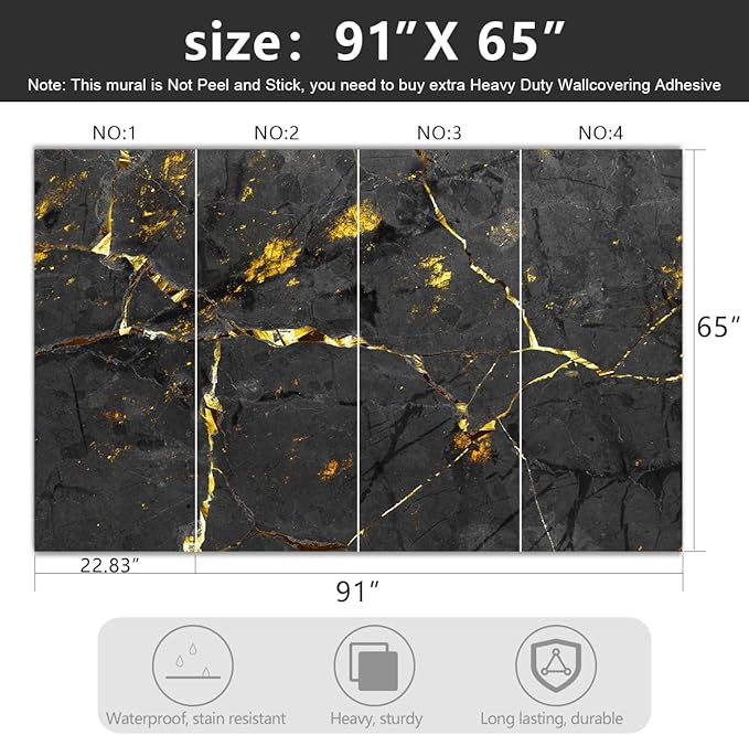 -Black and Gold Marbled Fabric Wallpaper Dark Abstraction Art Living Room Bedroom Bathroom Wall Mural- 91"x65"（ not Peel and Stick）