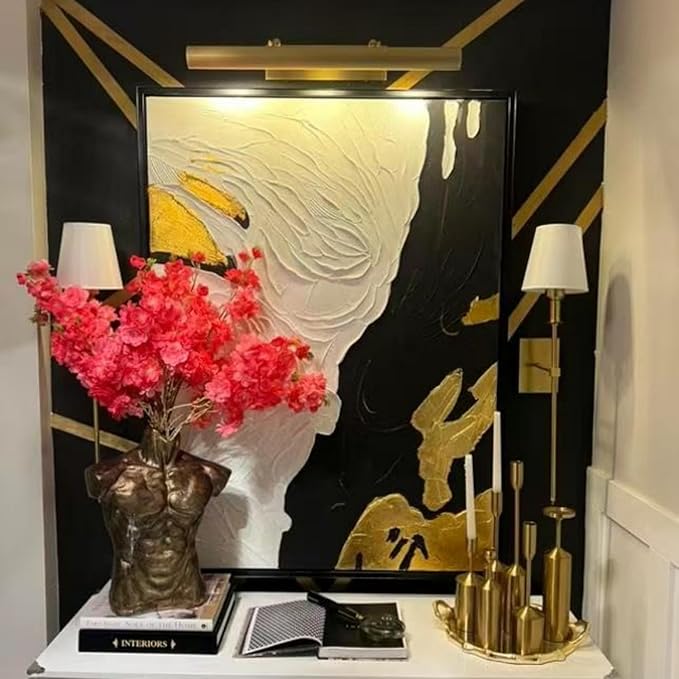 Brass Picture Lights for Wall, 30" Linear Picture Light Hardwired, 4-Light Brush Gold Art Light, Dimmable Gallery Light for Paintings, Warm White 270° Picture Frame Lights for Bathroom, Living Room