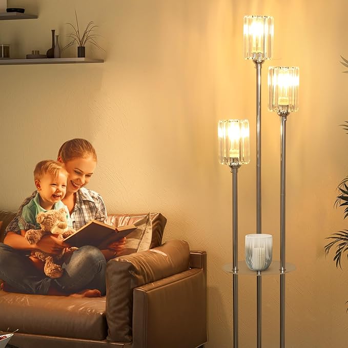 HMVPL Crystal Floor Lamps for Living Room, Modern Floor Lamp with Shelves, 3-Lights Standing Lamp with Crystal Shade, On/Off Foot Switch, Silver Corner Floor Lamp for Bedroom Living Room Office(66")
