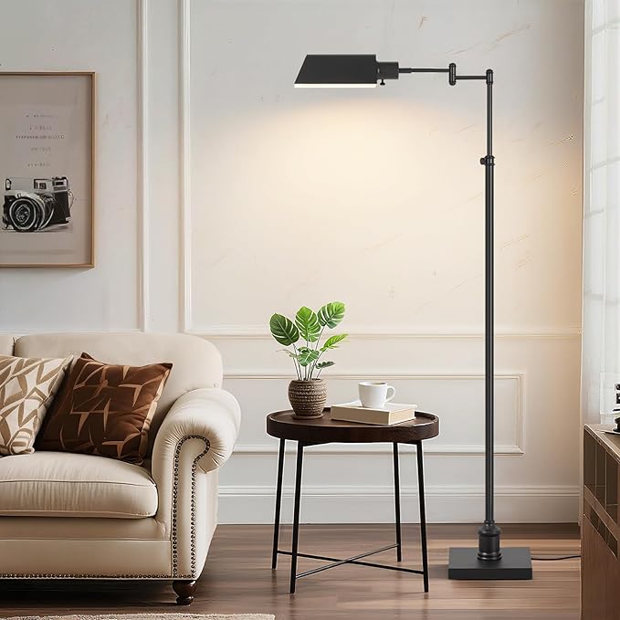 GyroVu Traditional Height Adjustable Pharmacy Floor Lamp with 350° Swing Arm, 3 Color Temperature Adjustable Standing Lamp Metal Shade for Living Room Reading House Bedroom Home Office(Black)