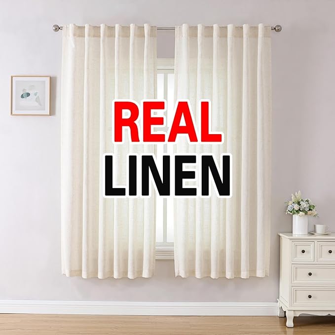 MIUCO Linen Curtains, 72 Inches Long for Bedroom & Living Room, Light Filtering Boho Drapes, Rod Pocket & Back Tab, 2 Tiebacks, 2 Panels Natural