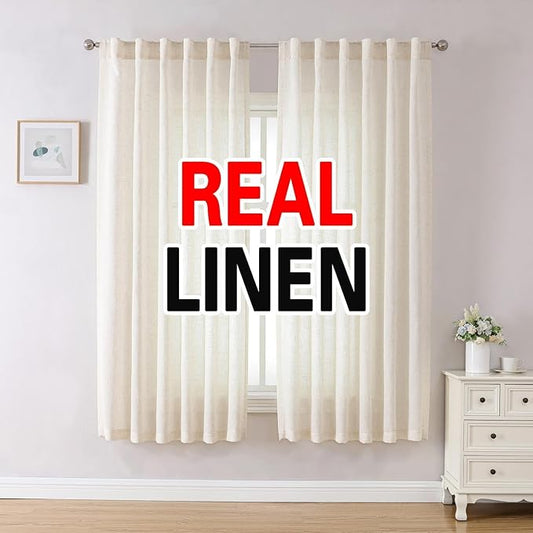 MIUCO Linen Curtains, 72 Inches Long for Bedroom & Living Room, Light Filtering Boho Drapes, Rod Pocket & Back Tab, 2 Tiebacks, 2 Panels Natural