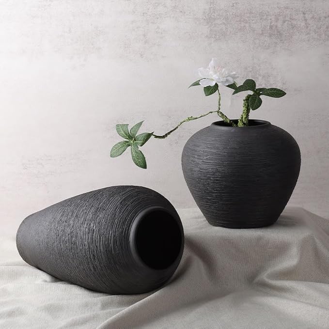 Rustic Black Ceramic Vase with Textured Finish, Large Round Terracotta Vases for Farmhouse Home Decoration, Wide Mouth Vintage Pottery Vases for Living Room, Kitchen, Table Centerpieces