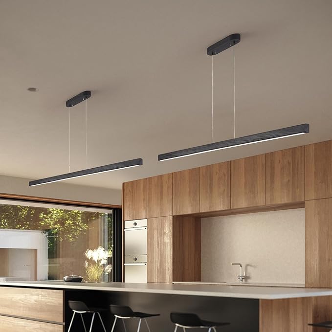 71 Inch LED Linear Pendant Light Black Wood LED Kitchen Island Lighting Dimmable Ceiling Hanging Chandeliers for Dining Room Living Room Bar Pool Table 40W Modern Farmhouse Fixture Black Wood Finish