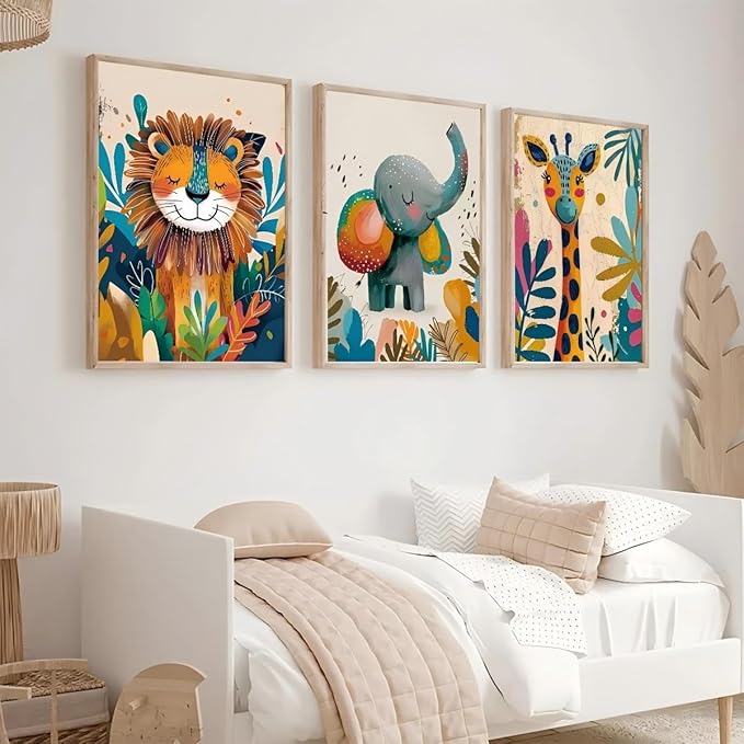 3Pcs Safari Animal Nursery Canvas Wall Art Cute Watercolor Elephant Giraffe Lion Pictures Wall Decor Colorful Jungle Animals Posters Painting Prints for Kids Room Baby Boys and Girls Room, Unframed