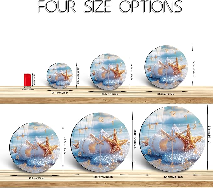 Coast Round Wall Clock 14 inch Wooden Beach Wall-Clock with Tempered Film Silent Analog Clock for Bedroom, Office, Living Room Decor