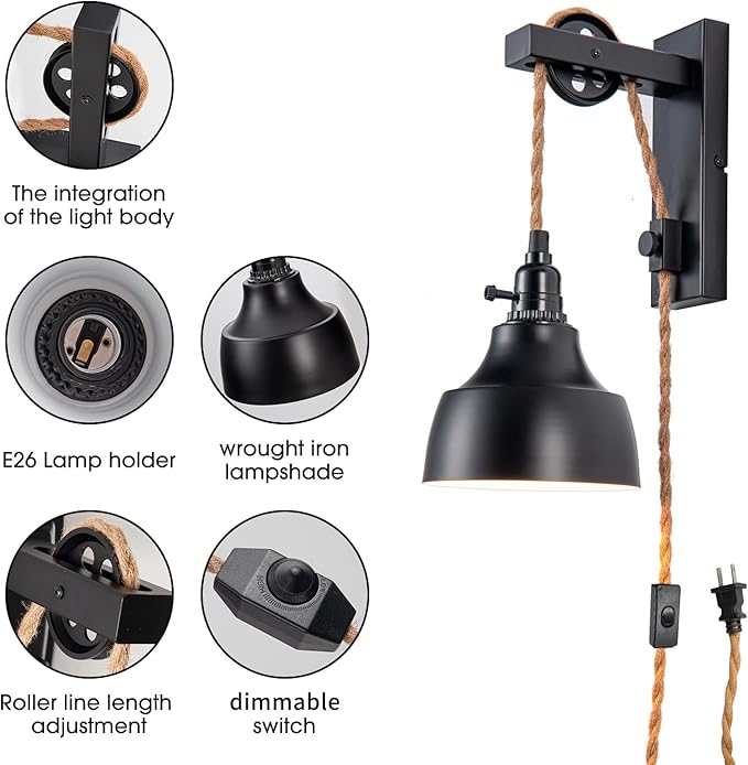 8FT Dimmable Plug in Wall Sconces Pulley Wall Lamps Vintage Hanging Light Fixture Wall Lights with Plug in Dimmable Switch Set of Two Black Wall Lamp for Bedroom, Living Room and Hotel