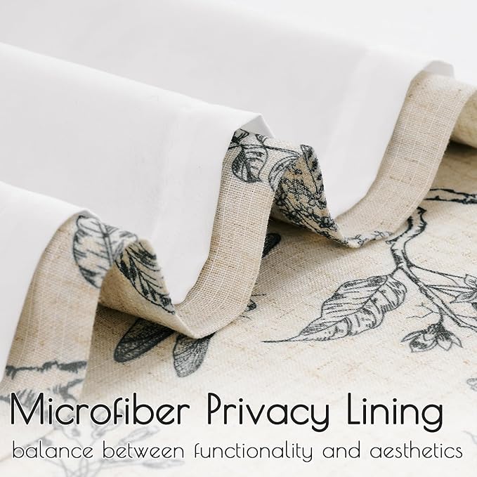 Lazzzy Lined Linen Farmhouse Black Floral Curtains 63 Inch Length Back Tab Drapes for Living Room Bedroom Light Filtering Country Vintage Rod Pocket, 2 Panels, Black on Beige