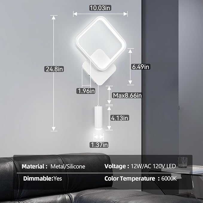 LMQNINE Modern Wall Sconces White Wall Light 6000k Dimmable Wall Sconce 12W LED Wall Lights Indoor Wall Lamps for Living Room Bedroom Bedside Hallway (1-Pack)