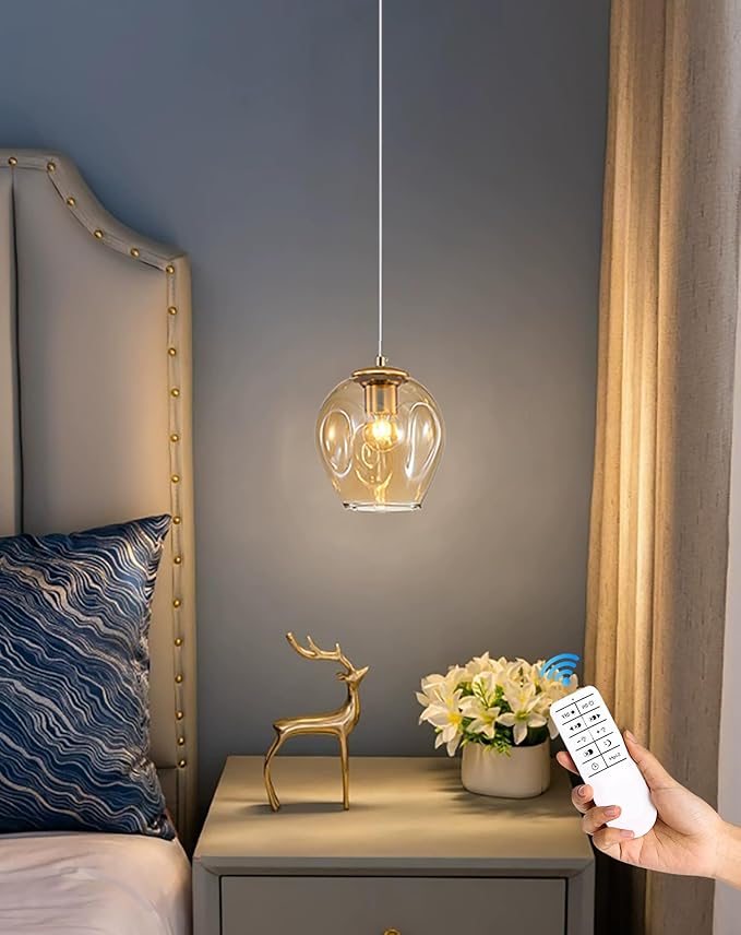 1-Light Hanging Light Fixtures Pendant Lights Kitchen Island Hand Blown Modern Glass Chandelier for Living Room Coffee Bar (Gold+Amber)