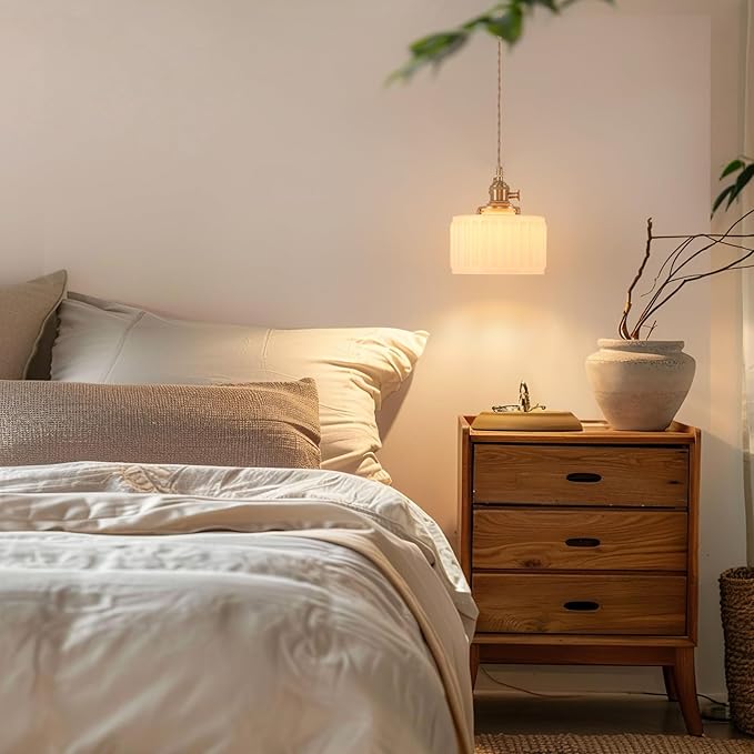 Pendant Light with White Striped Glass Lmapshade, Brass Vintage Pendant Light Adjustable Hanging Light for Kitchen Island Dining Room Hallway