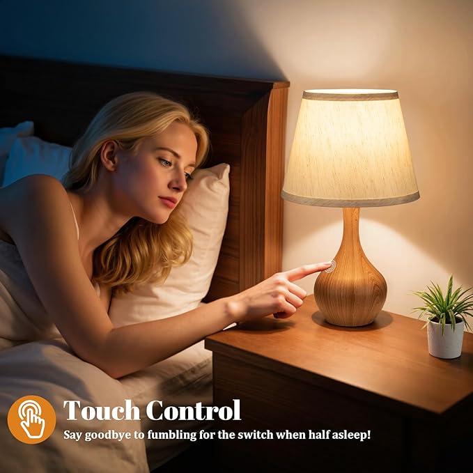 Seealle Touch Table Lamp for Bedroom, 3-Way Dimmable Small Bedside Lamps for Night Stands with Wires, Wood Desk Lamp for Kids Room, Office, Living Room, End Table(LED Bulb Included)