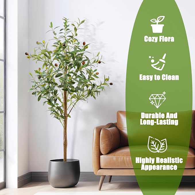 4FT Artificial Olive Tree Indoor, Tall Faux Olive Tree with Pot&Basket, Large Fake Olive Tree with Realistic 576 Silk Leaves and 32 Fruits for Living Room Home Office Decor