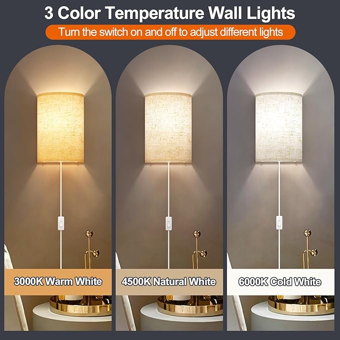 Plug in Wall Sconces Set of Two: Wall Lights with On/Off Switch - Stepless Color Temperature Wall Mount Lamps - Fabric Linen Wall Sconce for Bedroom Living Room & Hallway- Indoor Corded Wall Sconces