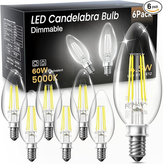 VOLIVO Dimmable E12 LED Candelabra Bulbs 60Watt Equivalent, 5000K Warm White, 500Lumens, 4.5W B11 Vintage Chandelier Light Bulbs, LED Filament Clear Glass Candle Lamp for Ceiling Fan Home Decor, 6Pack