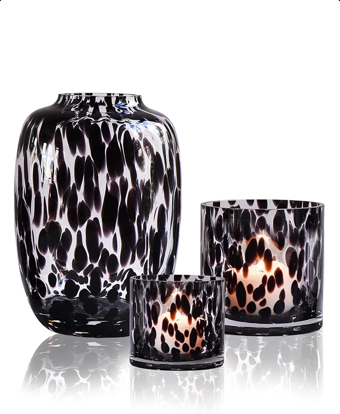 CONVIVA Glass Vase and Candle Holder Set, 3-Piece, Flower Vase Tortoise Pattern,Modern Home Decor Table Centerpiece Thanksgiving Christmas Day Gift Idea.