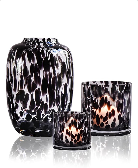 CONVIVA Glass Vase and Candle Holder Set, 3-Piece, Flower Vase Tortoise Pattern,Modern Home Decor Table Centerpiece Thanksgiving Christmas Day Gift Idea.