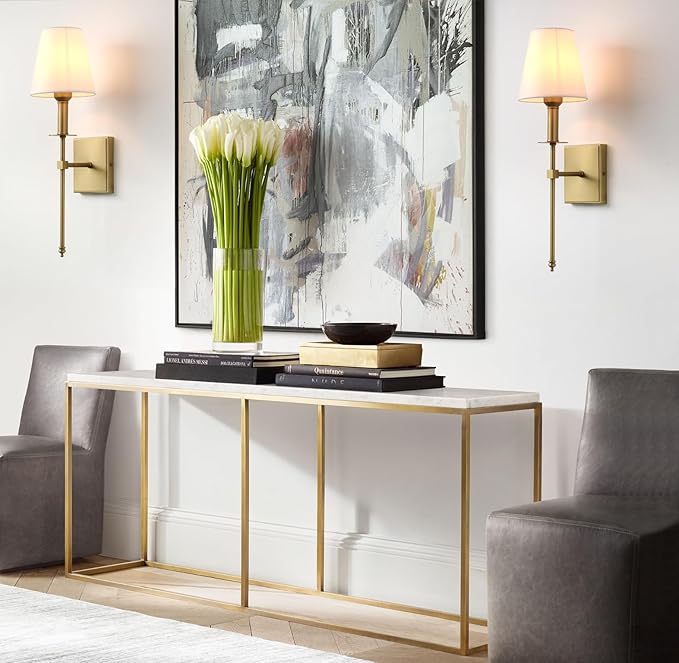 PERMO Single Classic Rustic Industrial Wall Sconce Lighting Fixture with Flared White Textile Lamp Shade and Antique Brass Tapered Column Stand, Hardwired, E26 Base