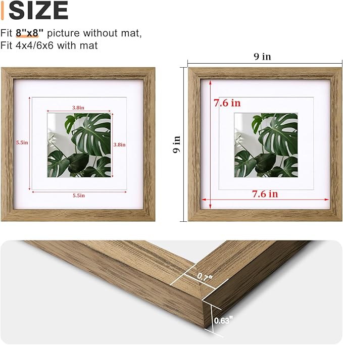 Egofine 8x8 Picture Frames with Plexiglass, Display Pictures 4x4/6x6 with Mat or 8x8 Without Mat Set of 4 for Tabletop and Wall Mounting, Carbonized Brown