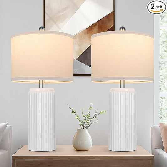TOBUSA 23.5’’ Modern White Ceramic Lamps Set of 2, Living Room Retro Side Table Lamps, Farmhouse Bedside Nightstand White Lamps for Bedroom with Linen Shade, Elegant Decor Lamp Sets for Home Office
