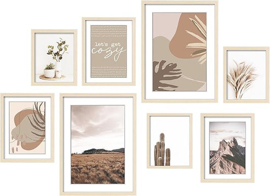 ArtbyHannah Gallery Wall Frame Set for Stairway, Neutral Wood Picture Frames Collage Wall Decor for Living Room, Entry, 8 Pack Assorted Size-11"x14", 8"x10", 6"x8"