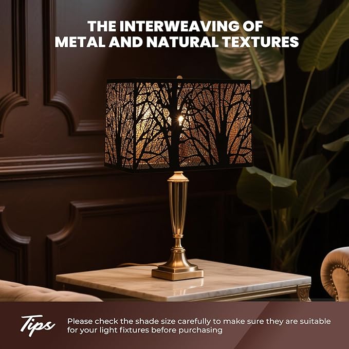 ALUCSET Rectangular Small Lamp Shade with Etched Forest Pattern, Metal Lampshade (12.5+6.8)'' Top and Bottom X 8'' Height, Vintage Replacement Light Cover for Table Floor Lamps