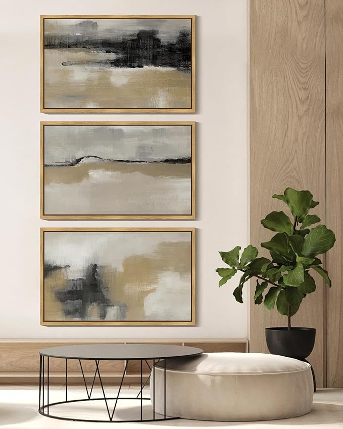 KUVIOKE Black Abstract Framed Wall Art Neutral Graffiti Pastel Minimalist Wall Decor Modern Art Painting for Bedroom Living Room 16x24in (Natural Framed)