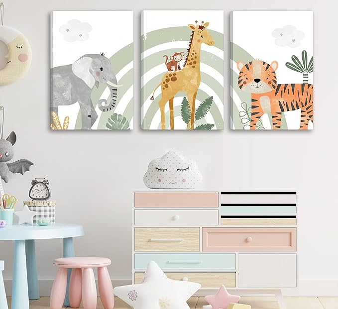 3Pcs Framed Safari Animals Canvas Wall Art elephant tiger giraffe Posters Prints Bohemian Rainbow elements Paintings Pictures wall decor for Nursery Baby Bedroom Decorations