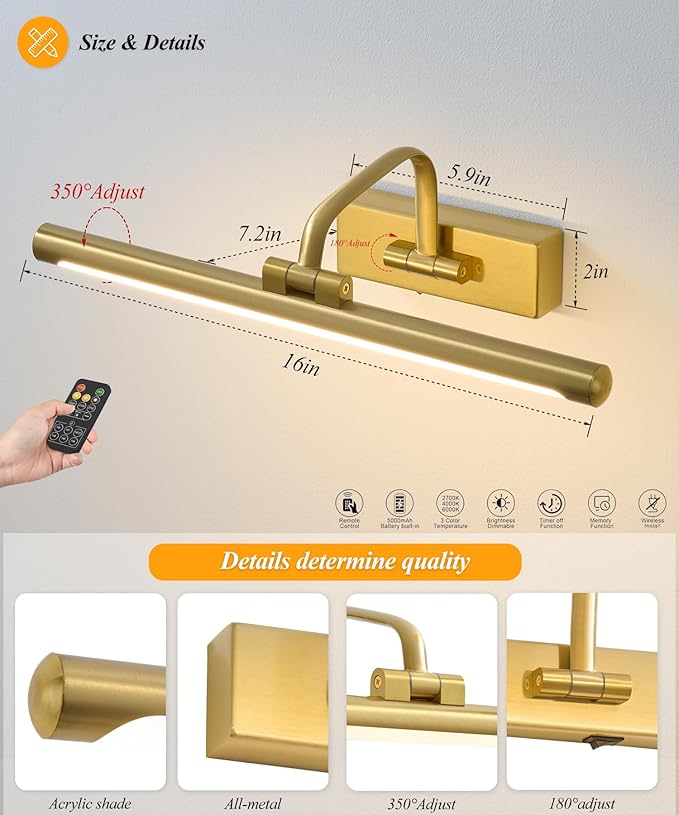 Picture Light for Wall,Gold 16 inch Rechargeable Art Battery Lights Wireless Remote and Timer,Dimmable Wall Sconce Battery LED Painting Light with 3 Color Temperatures for Gallery,Living Room,Hallway
