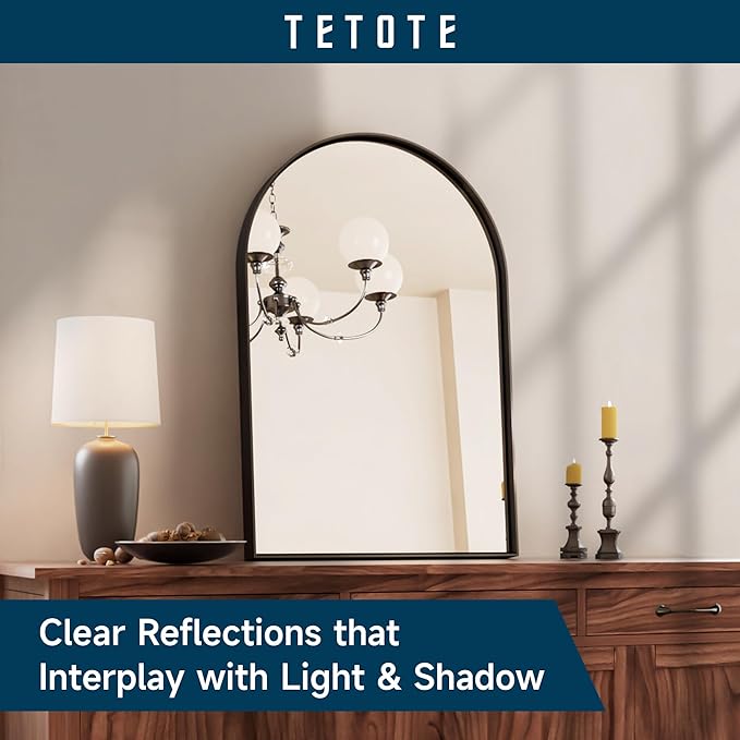 TETOTE Black Arched Mirror for Bathroom, 30 x 33 Matte Black Metal Framed Arch Mirror, Tempered Glass Wall Mounted Decorative Mirror for Eclectic Home Decor