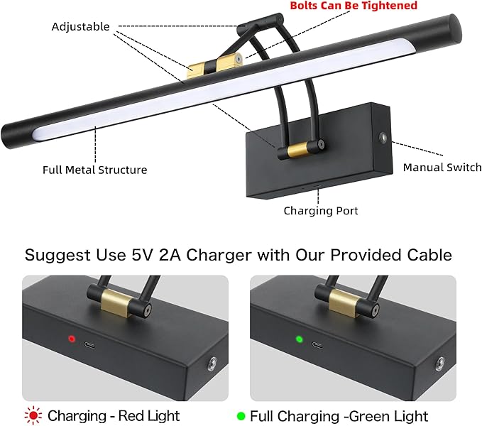 16“ Picture Lights for Wall Battery Operated, Wireless Picture Light with Remote, Rechargeable Wall Light 3000K/4000K/6000K Dimmable, Art Lighting for Paintings Frame Gallery Dartboard, Black Gold