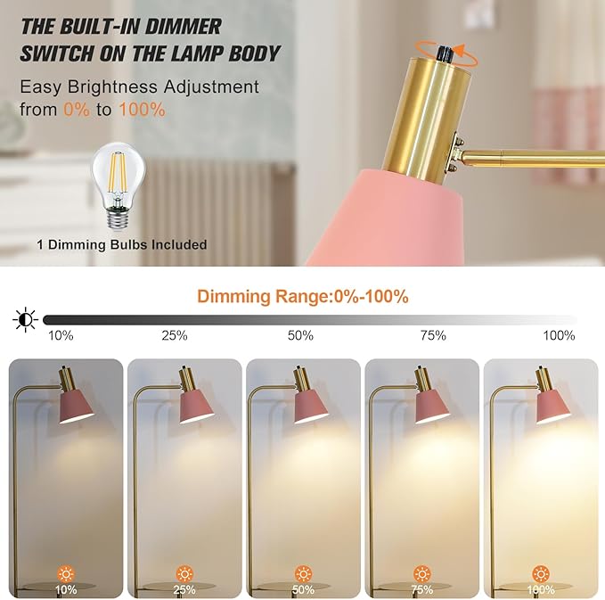 Hsyile Contemporary Modern Creative Floor Lamp with a Table,Suitable for Living Room,Den,Office,Bedroom - Standing Lamp Tall Floor Lamp - Brushed Brass Finish and Pink Lampshade