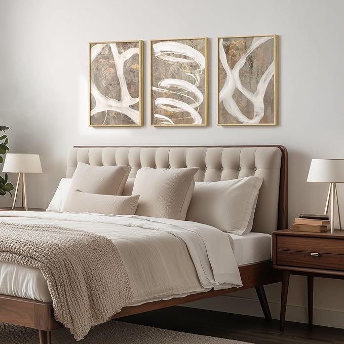 Framed Neutral Brown and Beige Abstract Wall Art for Living Room, 3 Piece Modern Canvas Prints Artwork for Walls, Minimalist Lines for Hallway Kitchen Room Bedroom Office Wall Decor 16x24 Inch
