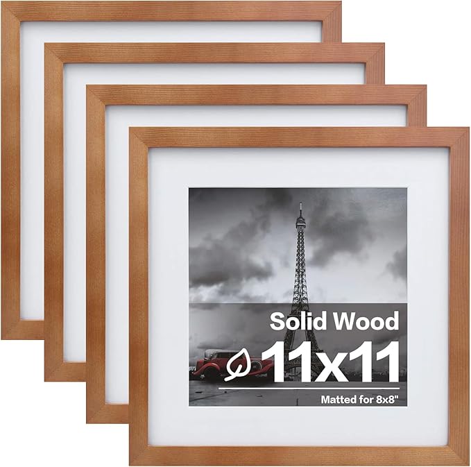 Egofine 11x11 Picture Frames 4 Pack Covered by Plexiglass, Display Pictures 8x8 with Mat or 11x11 Without Mat Made of Solid Wood for Table Top Display and Wall Mounting Photo Frame, Light Brown