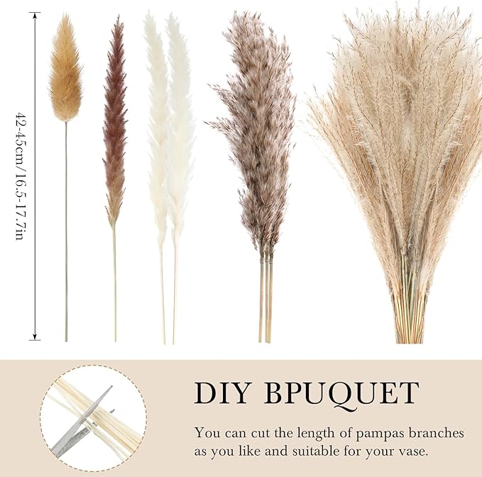 Treela 324 Pcs Dried Pampas Grass Decor 17 Inch White Pampas Reed Grass Fluffy Wedding Boho Flowers 10 Various Natural Dried Flower Bouquet Bunny Tails for Home Table Decor Rustic Farmhouse Party