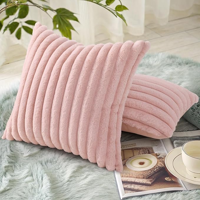 decorUhome Faux Fur Throw Pillow Covers 20x20 Set of 2, Decorative Soft Plush Striped Neutral Couch Euro Pillow Covers with Velvet Back for Sofa, Bed, Living Room Home Decor, Pink
