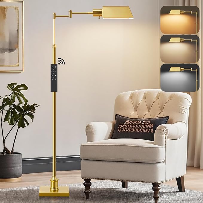 GyroVu Traditional Height Adjustable Pharmacy Floor Lamp with 350° Swing Arm, 3 Color Temperature Adjustable Standing Lamp Metal Shade for Living Room Reading House Bedroom Home Office(Gold)
