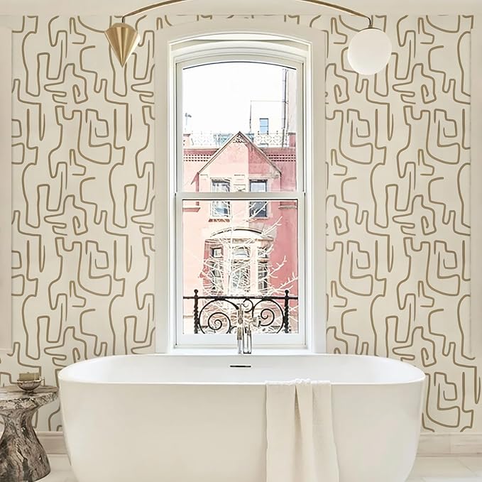 Ismoon Peel and Stick Wallpaper Modern Geometric Wallpaper 17.3inx197in Gold and Beige Contact Paper Self-Adhesive Removable Wallpaper for Bathroom Cabinets Walls Countertop Waterproof Thicken Vinyl