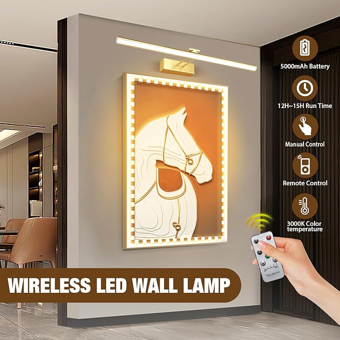 Picture Light, 20inches Dimmable LED Battery Operated Picture Light for Wall Art, Easy Installation, Gallery Lighting for Paintings & Artwork (Gold)