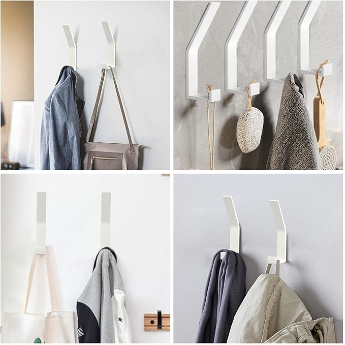 Coat Rack Hooks Wall Mounted, White 4Packs, Bath Towel Rope Hooks for Kitchen, Door, Cabinet, Bathroom, Foyers, Hallways and Bedrooms