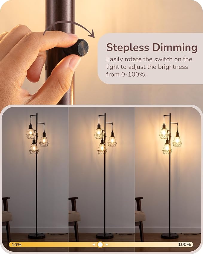 EDISHINE 70IN Industrial Floor Lamps for Living Room, Dimmable Farmhouse Corner Reading Lamp, Diamond-Shaped Lampshade, 3 LED Edison Bulbs Included, Rustic Tree Standing Lamp for Bedroom, Brown