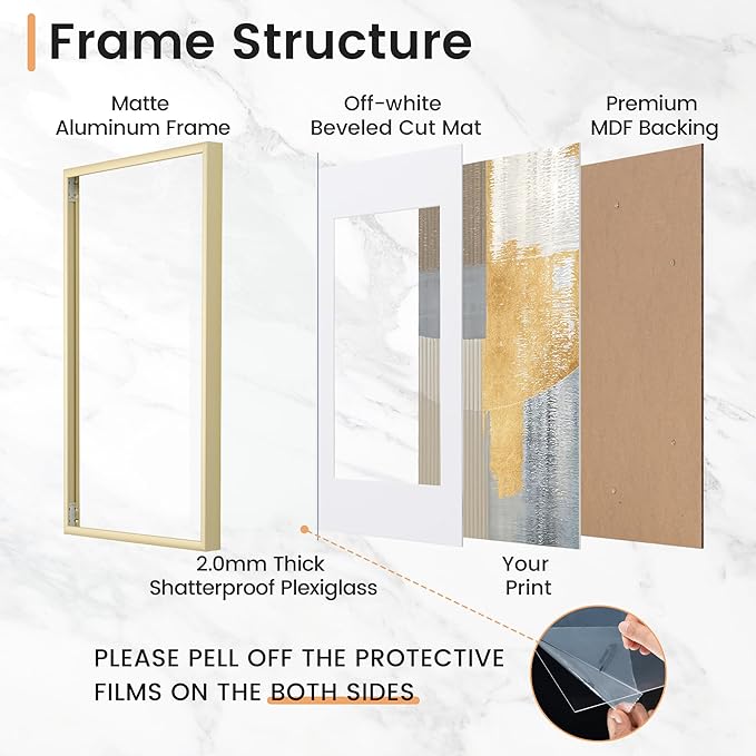 16x24 inch Metal Poster Frame - 16 x 24 Thin Aluminum Picture Frames Matted for 12x18 Photos, Artworks, Prints, Puzzle - High Definition Plexiglass - Vertical and Horizontal Display - Wall Hook Hanging Hardware Included - Gold, Set of 1