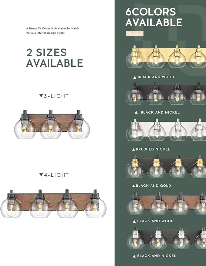 Bathroom Light Fixtures, 3-Light Black and Faux-Wood Finish Bathroom Vanity Light, Farmhouse Wall Sconces with Globe Clear Glass Shade, Vanity Lighting Fixtures Over Mirror, VL195-WB-3