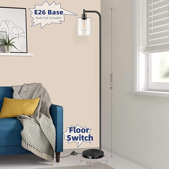 Industrial Floor Lamp with Hanging Glass Shade Black Farmhouse Indoor Pole Light with Edison E26 Base Vintage Rustic Standing Tall Lighting for Living Room Bedroom Office(ST64 Bulb Included)