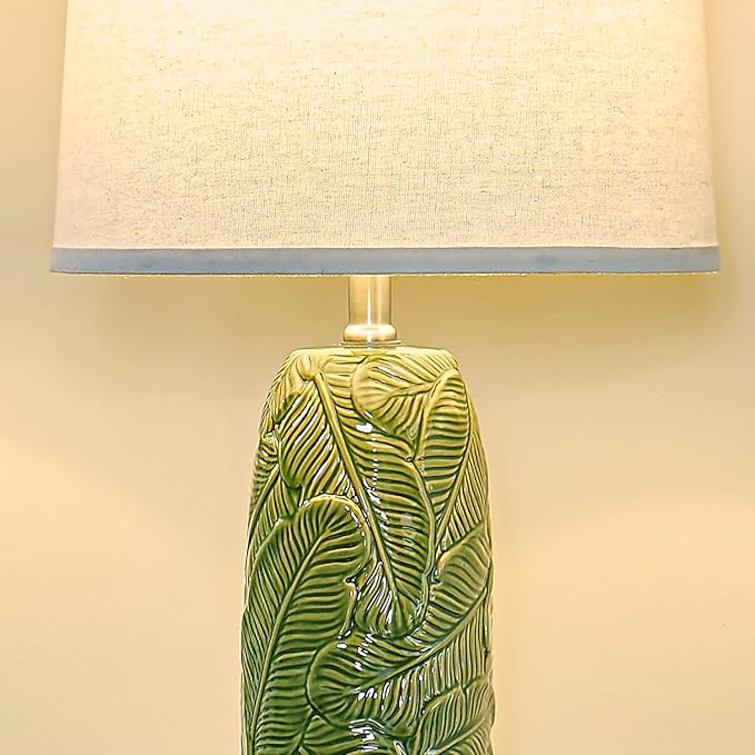 25" Modern Green Ceramic Table Lamp with White Linen Shade – Leaf Embossed Base, Soft Glow Bedside Lamp for Bedroom, Living Room, Office Decor