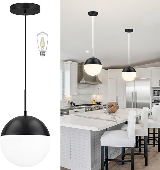 10 Inch Black Mid Century Modern Pendant Light Pendants for Kitchen Island Frosted Milky White Glass Globe Height-Adjustable Modern Hanging Globe Pendant Light for Bedroom (Bulb Incl)
