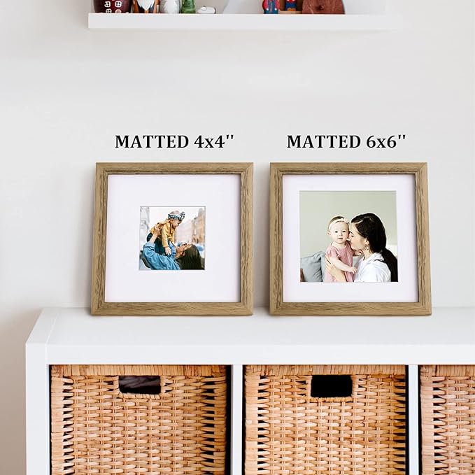 Egofine 8x8 Picture Frames with Plexiglass, Display Pictures 4x4/6x6 with Mat or 8x8 Without Mat Set of 4 for Tabletop and Wall Mounting, Carbonized Brown