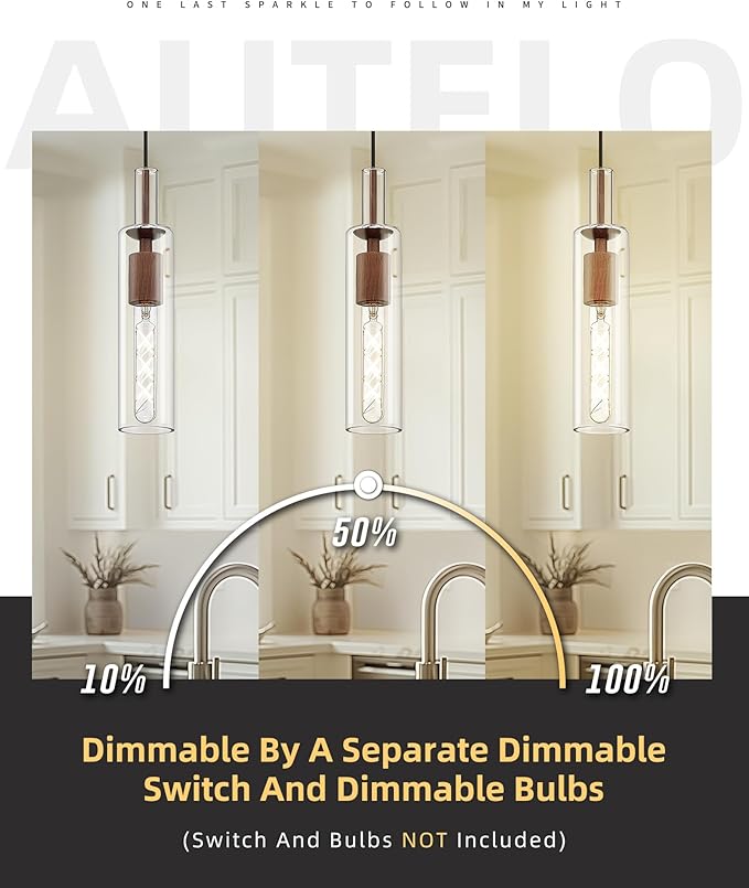 AUTELO Farmhouse Pendant Lights Kitchen Island, 1-Light Pendant Light Fixtures, Dark Wood Grain Hanging Lamp with Clear Cylinder Glass, Pendant Lighting for Kitchen Island, Dining Room, H3875 DW